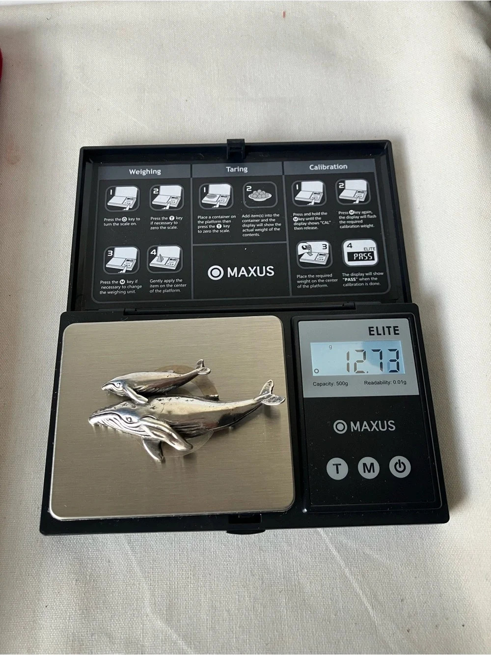 Solid Sterling Silver Humpback Whale Mother Baby Calf Brooch Ocean Pin 12.7g.